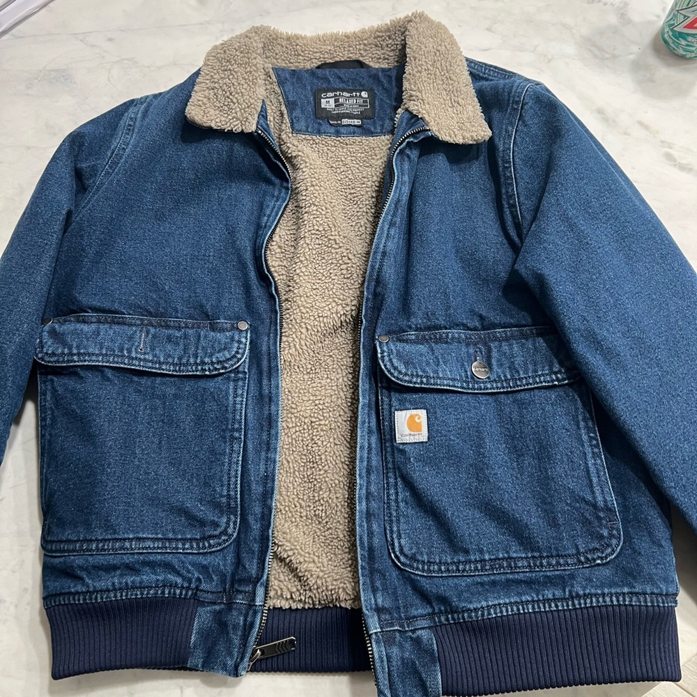 Carhartt Blue Jacket with Tan Sherpa Collar